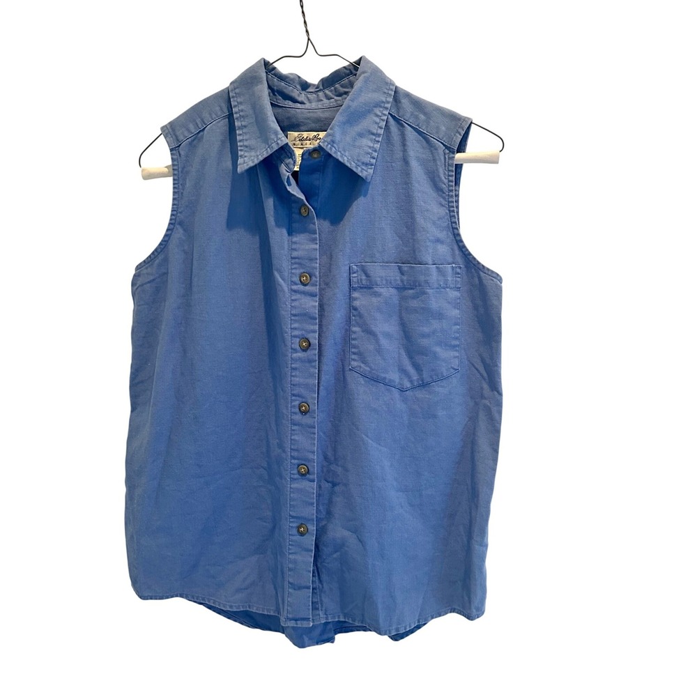 Vintage Eddie Bauer Blue Linen Cotton Sleeveless Button Down Vest Top Small